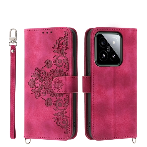 

For Xiaomi 14 Skin-feel Flowers Embossed Wallet Leather Phone Case(Wine Red)
