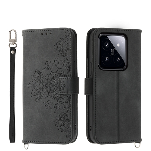 

For Xiaomi 14 Pro Skin-feel Flowers Embossed Wallet Leather Phone Case(Black)