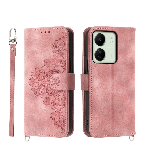 

For Xiaomi Redmi 13C Skin-feel Flowers Embossed Wallet Leather Phone Case(Pink)