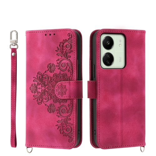 

For Xiaomi Redmi 13C Skin-feel Flowers Embossed Wallet Leather Phone Case(Wine Red)