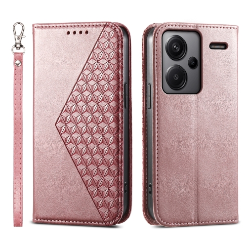 

For Xiaomi Redmi Note 13 Pro+ Cubic Grid Calf Texture Magnetic Leather Phone Case(Rose Gold)