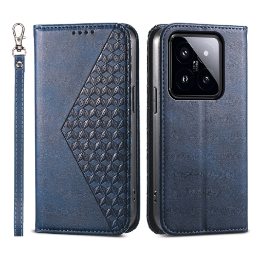 

For Xiaomi 14 Pro Cubic Grid Calf Texture Magnetic Leather Phone Case(Blue)