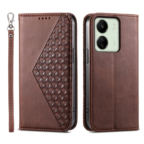 

For Xiaomi Redmi 13C Cubic Grid Calf Texture Magnetic Leather Phone Case(Brown)