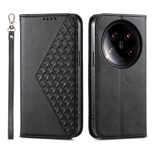 

For Xiaomi 14 Ultra Cubic Grid Calf Texture Magnetic Leather Phone Case(Black)