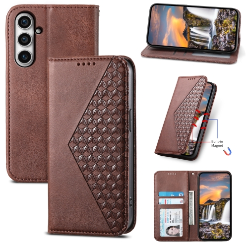 

For Samsung Galaxy S23 FE Cubic Grid Calf Texture Magnetic Leather Phone Case(Brown)
