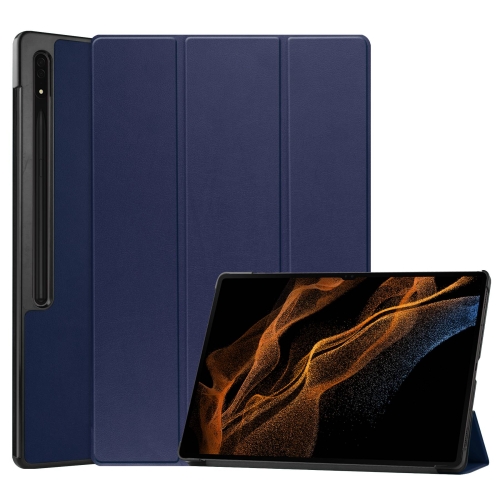 

For Samsung Galaxy Tab S9 Ultra Custer Pure Color 3-Fold Holder Smart Leather Tablet Case(Dark Blue)