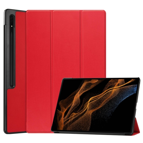

For Samsung Galaxy Tab S9 Ultra Custer Pure Color 3-Fold Holder Smart Leather Tablet Case(Red)