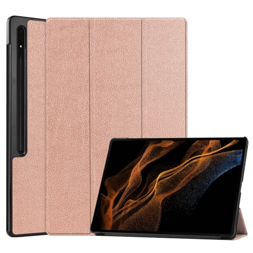 

For Samsung Galaxy Tab S9 Ultra Custer Pure Color 3-Fold Holder Smart Leather Tablet Case(Rose Gold)