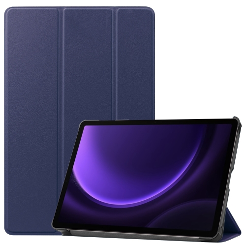 

For Samsung Galaxy Tab S9 FE Custer Pure Color 3-Fold Holder Smart Leather Tablet Case(Dark Blue)
