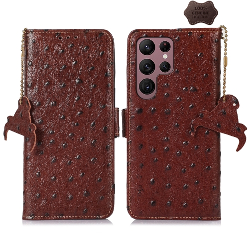 

For Samsung Galaxy S24 Ultra Ostrich Pattern Genuine Leather RFID Phone Case(Coffee)