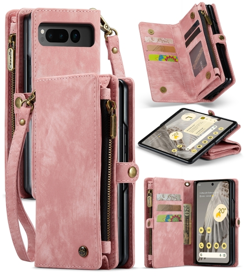 

For Google Pixel Fold CaseMe 008 Detachable Multifunctional Retro Frosted Horizontal Flip Phone Leather Case with Zipper Wallet(Pink)