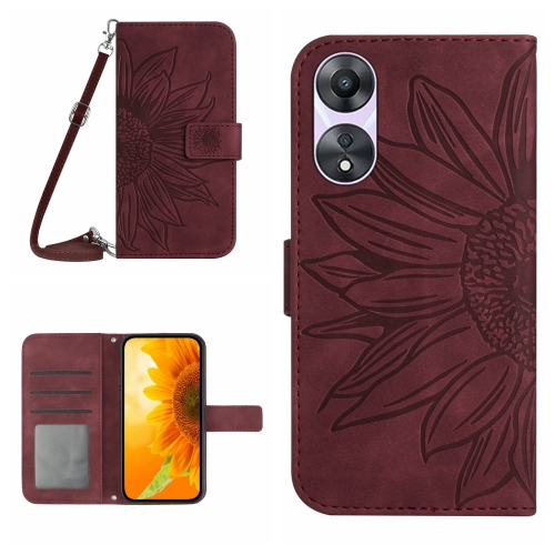 

For OPPO A18 / A38 4G Skin Feel Sun Flower Embossed Flip Leather Phone Case with Lanyard(Wine Red)