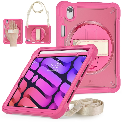 

For iPad mini 6 Heavy Duty Hybrid Tablet Case with Handle & Strap(Rose Red)