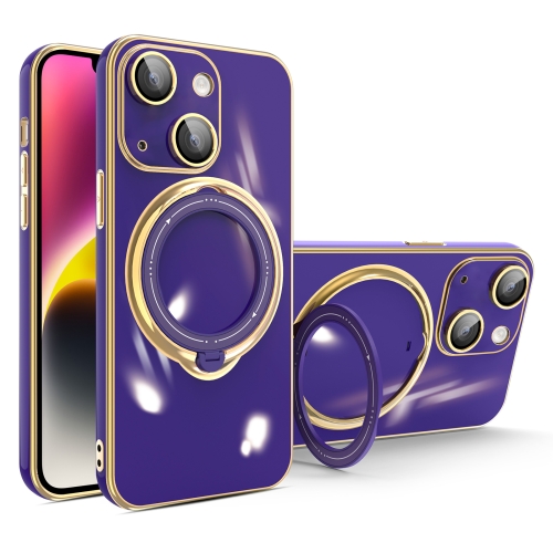

For iPhone 15 Plus Multifunction Electroplating MagSafe Holder Phone Case(Dark Purple)