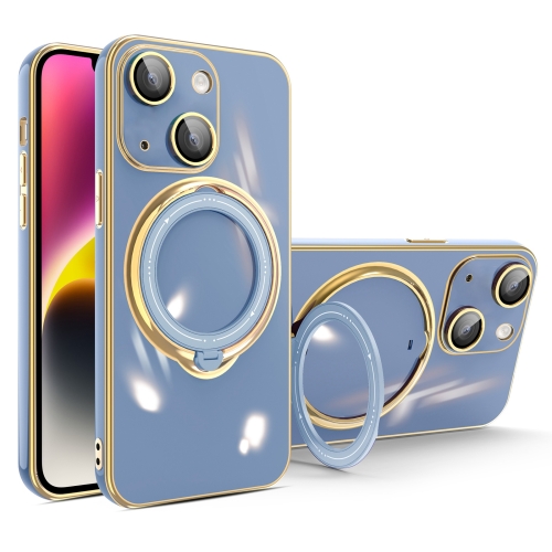 

For iPhone 14 Multifunction Electroplating MagSafe Holder Phone Case(Blue)