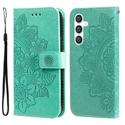 

For Samsung Galaxy S23 FE 5G 7-petal Flowers Embossing Leather Phone Case(Green)