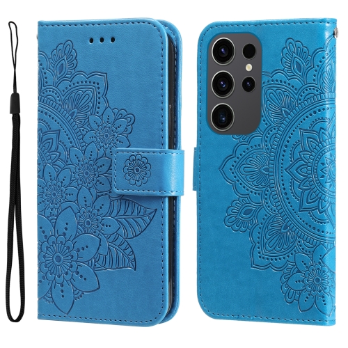 

For Samsung Galaxy S24 Ultra 7-petal Flowers Embossing Leather Phone Case(Blue)