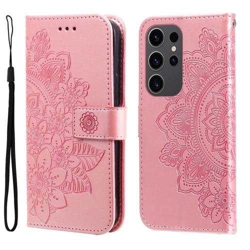 

For Samsung Galaxy S24 Ultra 7-petal Flowers Embossing Leather Phone Case(Rose Gold)