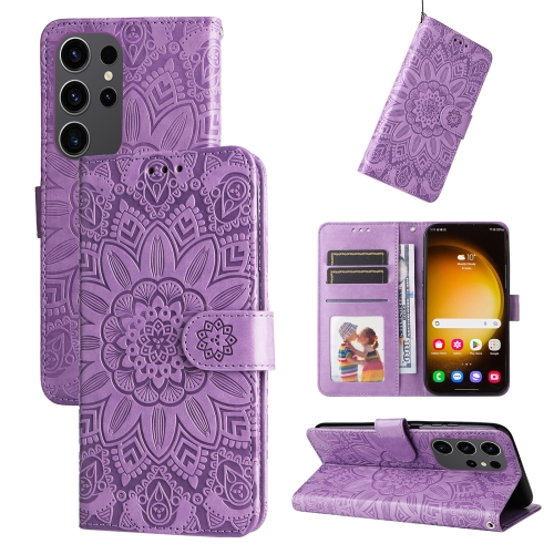 

For Samsung Galaxy S24 Ultra Embossed Sunflower Leather Phone Case(Purple)