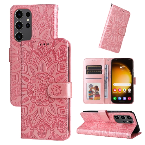 

For Samsung Galaxy S24 Ultra Embossed Sunflower Leather Phone Case(Rose Gold)