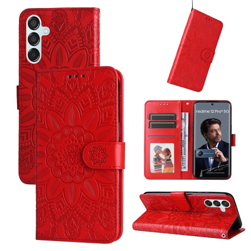

For Samsung Galaxy M15 5G / F15 5G Embossed Sunflower Leather Phone Case(Red)