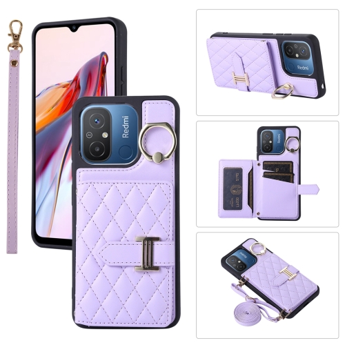 

For Xiaomi Redmi 12C Horizontal Card Bag Ring Holder Phone Case with Dual Lanyard(Purple)