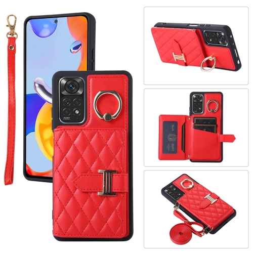 

For Xiaomi Redmi Note 11 Horizontal Card Bag Ring Holder Phone Case with Dual Lanyard(Red)