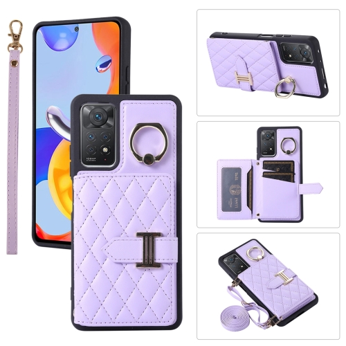 

For Xiaomi Redmi Note 11 Pro 4G Horizontal Card Bag Ring Holder Phone Case with Dual Lanyard(Purple)