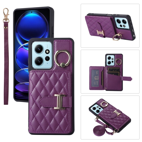 

For Xiaomi Redmi Note 12 4G Horizontal Card Bag Ring Holder Phone Case with Dual Lanyard(Dark Purple)