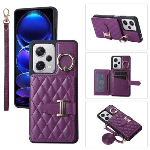 

For Xiaomi Redmi Note 12 Pro 5G Horizontal Card Bag Ring Holder Phone Case with Dual Lanyard(Dark Purple)