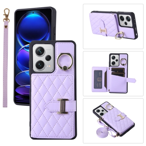 

For Xiaomi Redmi Note 12 Pro 5G Horizontal Card Bag Ring Holder Phone Case with Dual Lanyard(Purple)