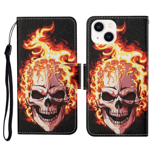 

For iPhone 15 Plus 3D Colored Drawing Flip Leather Phone Case(Flame Skull)