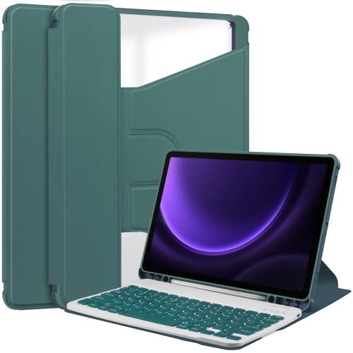 

For Samsung Galaxy Tab S9 FE 360 Rotation Transparent Smart Leather Case with Keyboard(Dark Green)
