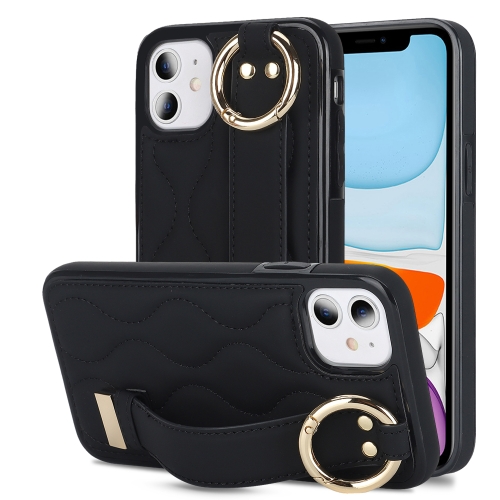 

For iPhone 11 Non-slip Full Coverage Ring PU Phone Case with Wristband(Black)