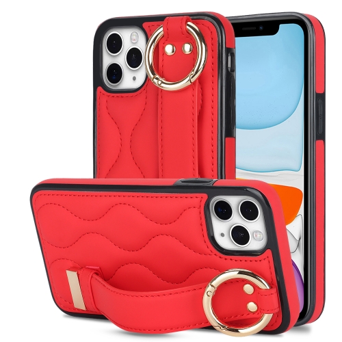 

For iPhone 11 Pro Non-slip Full Coverage Ring PU Phone Case with Wristband(Red)