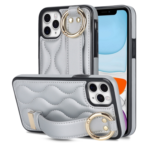 

For iPhone 11 Pro Non-slip Full Coverage Ring PU Phone Case with Wristband(Silver)