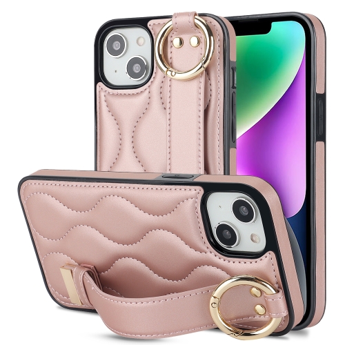 

For iPhone 13 Non-slip Full Coverage Ring PU Phone Case with Wristband(Rose Gold)