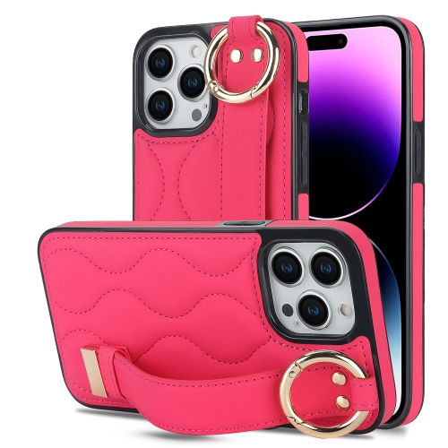 

For iPhone 14 Pro Max Non-slip Full Coverage Ring PU Phone Case with Wristband(Rose Red)