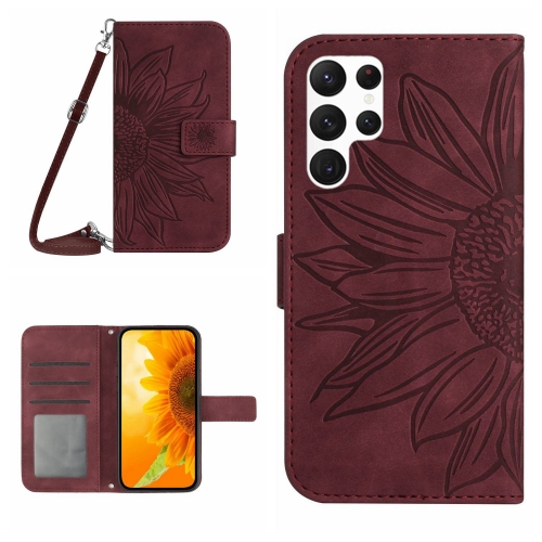 

For Samsung Galaxy S24 Ultra 5G Skin Feel Sun Flower Embossed Flip Leather Phone Case with Lanyard(Wine Red)