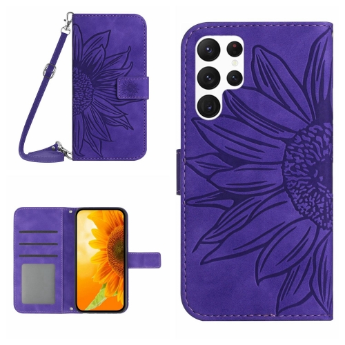 

For Samsung Galaxy S24 Ultra 5G Skin Feel Sun Flower Embossed Flip Leather Phone Case with Lanyard(Dark Purple)