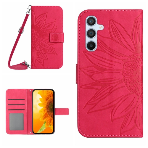 

For Samsung Galaxy S24+ 5G Skin Feel Sun Flower Embossed Flip Leather Phone Case with Lanyard(Rose Red)