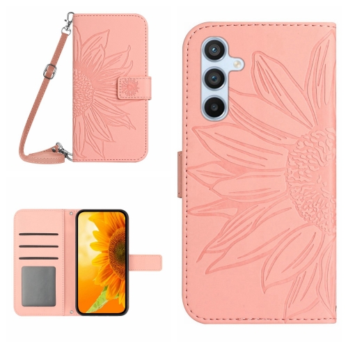 

For Samsung Galaxy S24 5G Skin Feel Sun Flower Embossed Flip Leather Phone Case with Lanyard(Pink)
