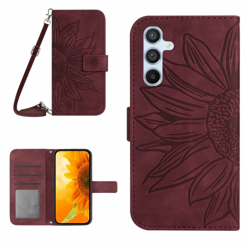 

For Samsung Galaxy A15 Skin Feel Sun Flower Embossed Flip Leather Phone Case with Lanyard(Wine Red)