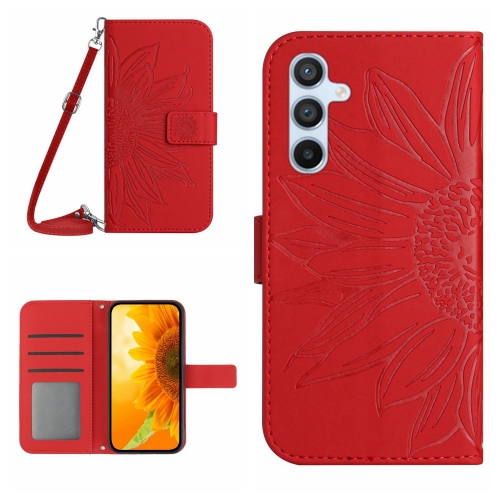 

For Samsung Galaxy M55 5G Skin Feel Sun Flower Embossed Flip Leather Phone Case with Lanyard(Red)