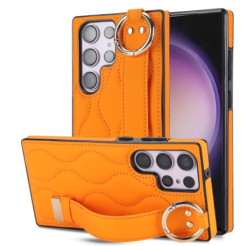 

For Samsung Galaxy S23 Ultra Non-slip Full Coverage Ring PU Phone Case with Wristband(Orange)