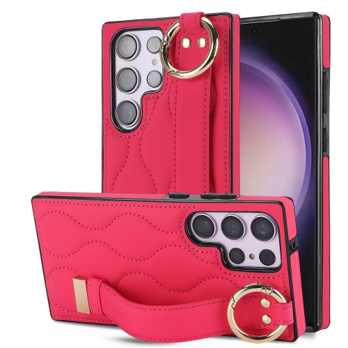 

For Samsung Galaxy S23 Ultra Non-slip Full Coverage Ring PU Phone Case with Wristband(Rose Red)