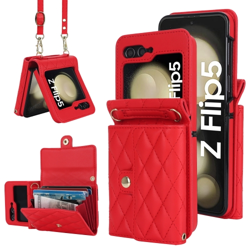 

For Samsung Galaxy Z Flip5 Rhombic Texture Card Bag PU Phone Case with Long Lanyard(Red)