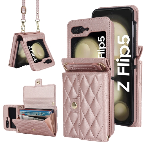 

For Samsung Galaxy Z Flip5 Rhombic Texture Card Bag PU Phone Case with Long Lanyard(Rose Gold)