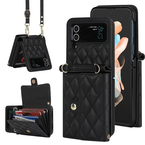 

For Samsung Galaxy Z Flip4 Rhombic Texture Card Bag PU Phone Case with Long Lanyard(Black)