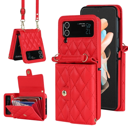 

For Samsung Galaxy Z Flip4 Rhombic Texture Card Bag PU Phone Case with Long Lanyard(Red)